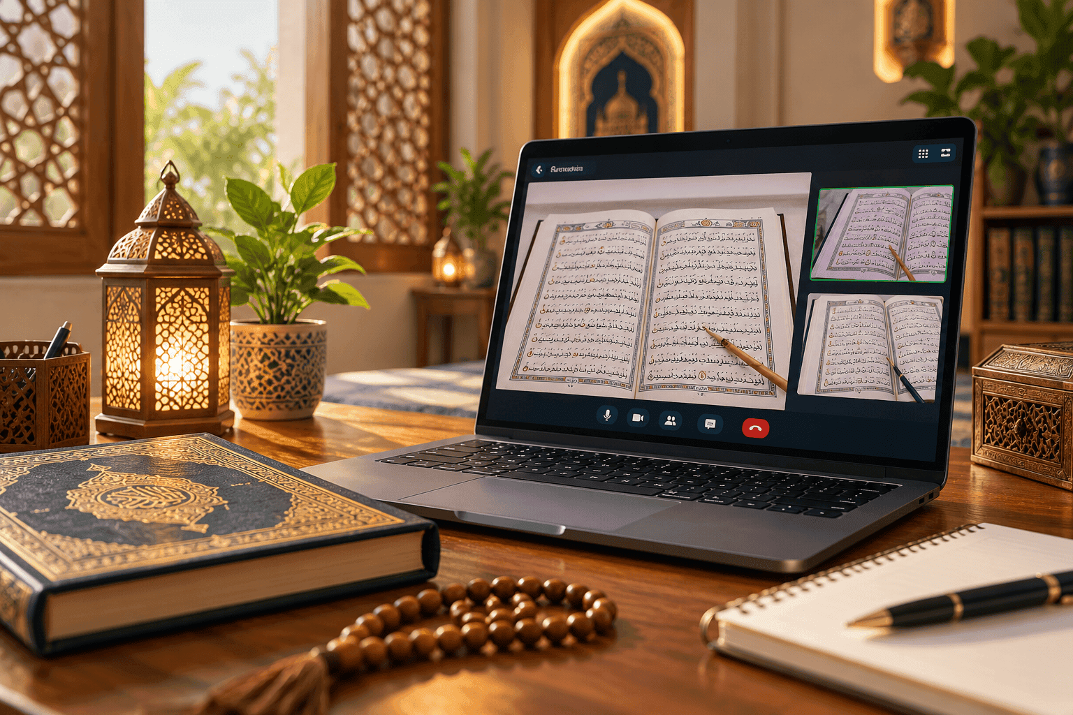 Live online Quran class on a laptop beside a Quran, lantern and prayer beads